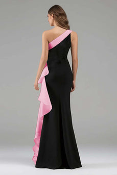 Black and Pink Satin One Shoulder Ruffled Long Formal Dress with 3D Flower