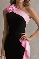 Load image into Gallery viewer, Black and Pink Satin One Shoulder Ruffled Long Formal Dress with 3D Flower