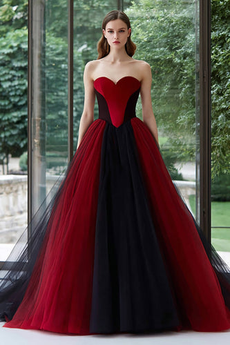 Black and Red Tulle Ball Gown Sweetheart Long Formal Dress