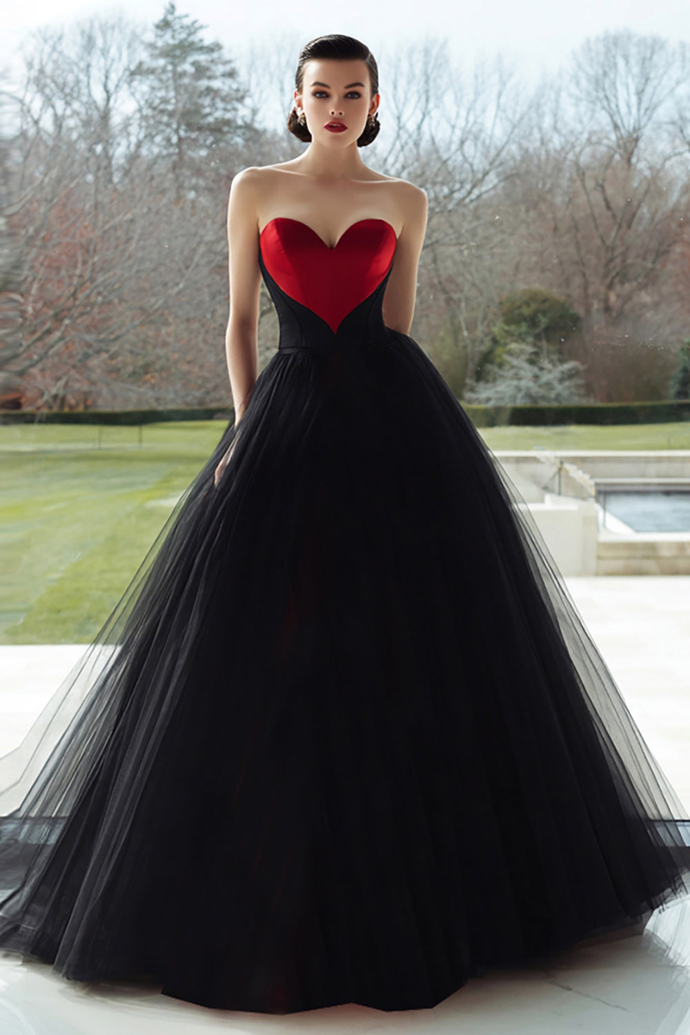 Black and Red A Line Sweetheart Tulle Long Formal Dress