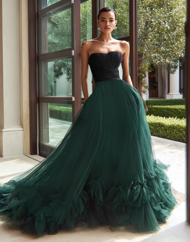Women Black and Green Tulle Long Formal Dress Strapless A Line Pageant Dress