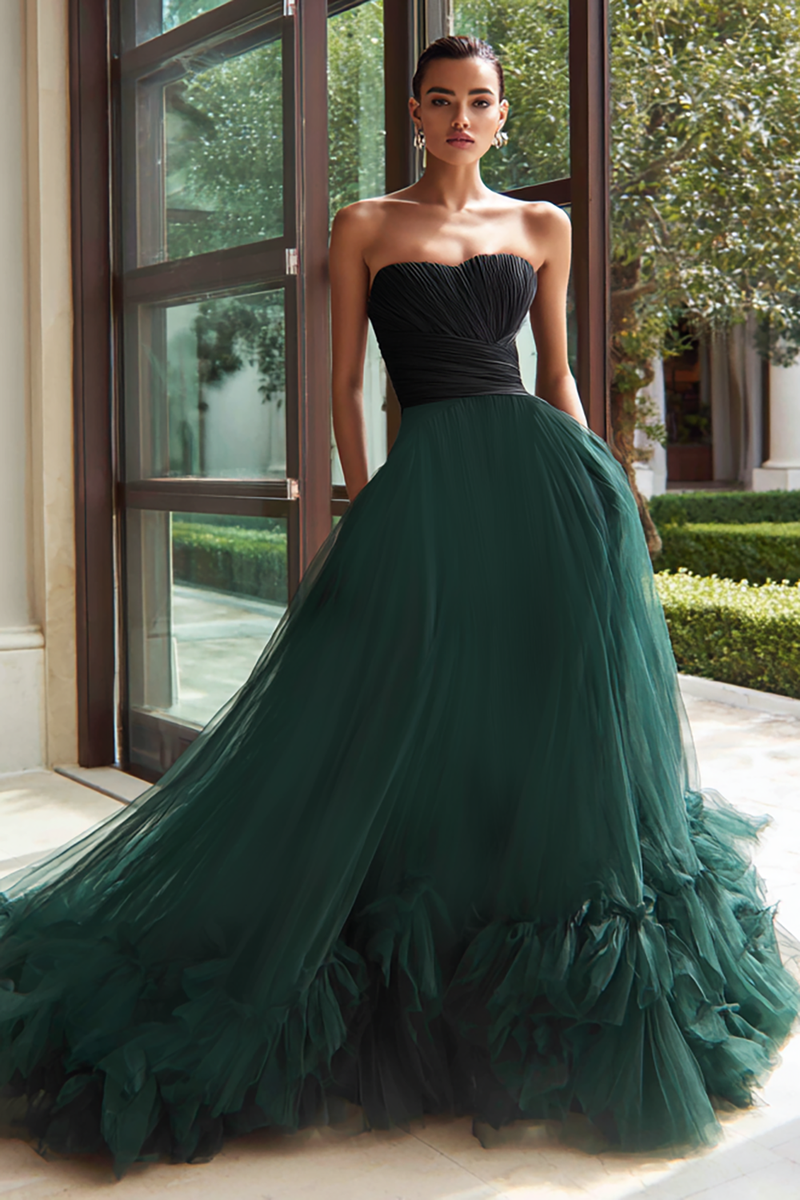 Load image into Gallery viewer, Black and Green Strapless Tulle A Line Long Formal Dress