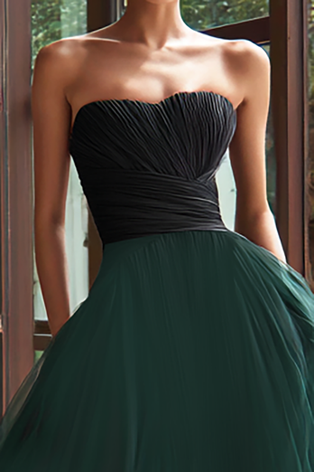 Black and Green Strapless Tulle A Line Long Formal Dress
