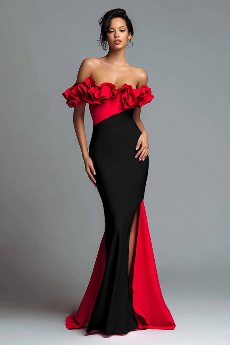 Queendancer Women Black and Red Satin Long Formal Dress with Slit