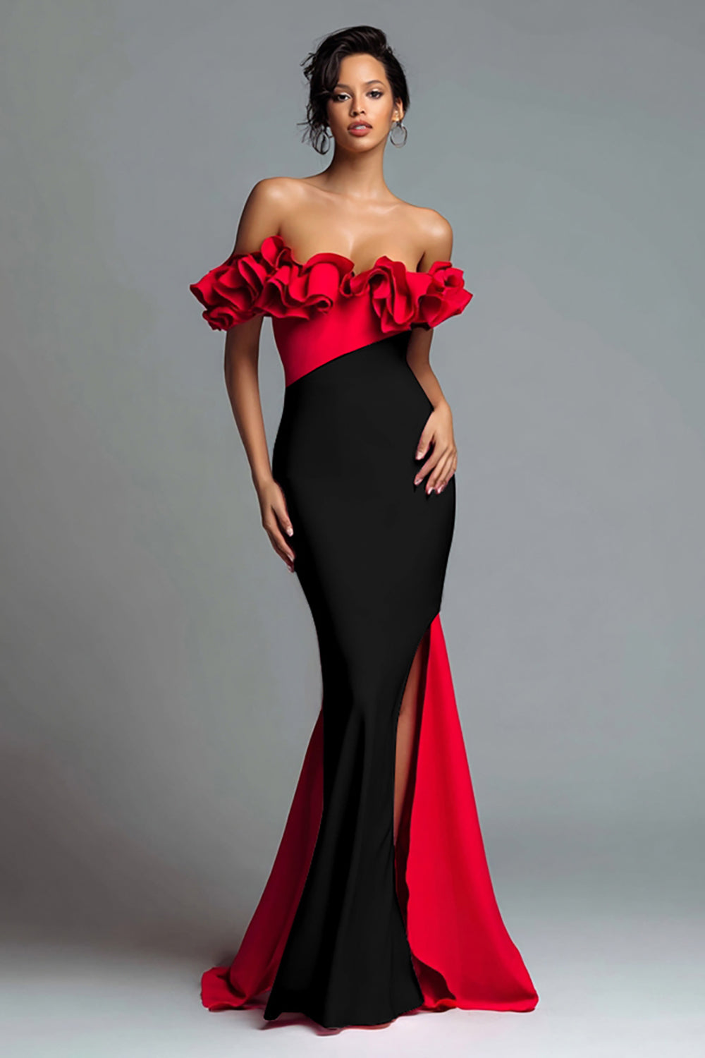 Black and Red Mermaid Off the Shoulder Ruffled Long Formal Dress with Slit