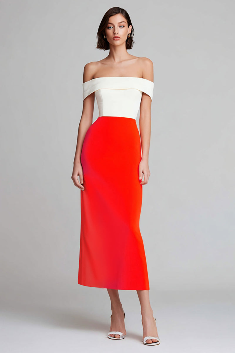 Load image into Gallery viewer, Simple Ivory and Orange Sheath Off the Shoulder Long Formal Dress