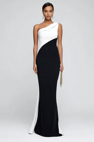 Simple Black and White Patchwork One Shoulder Maxi Formal Dress