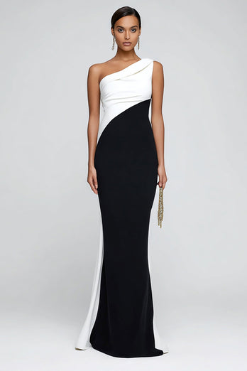 Simple Black and White Patchwork One Shoulder Maxi Formal Dress