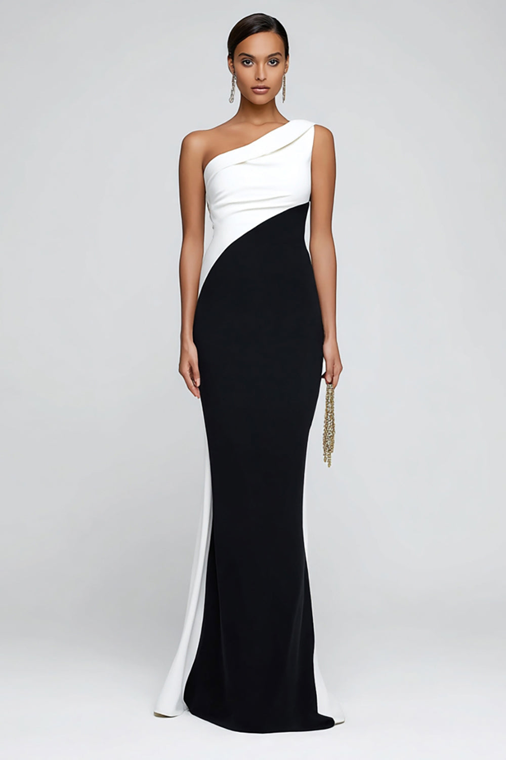 Simple Black and White Patchwork One Shoulder Maxi Formal Dress