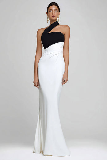 Simple Black and White One Shoulder Mermaid Maxi Formal Dress