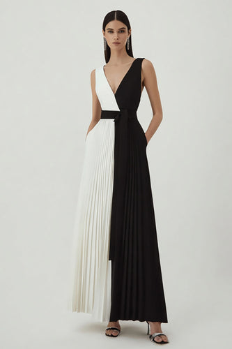 Black and White V-Neck A Line Pleated Long Formal Dress