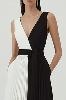 Black and White V-Neck A Line Pleated Long Formal Dress