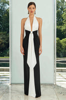 Load image into Gallery viewer, Black and White Ruched Deep V-Neck Sheath Long Formal Dress