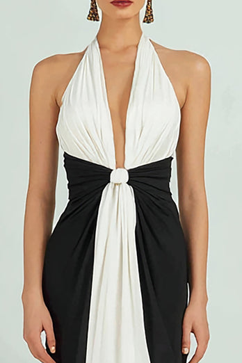 Black and White Ruched Deep V-Neck Sheath Long Formal Dress