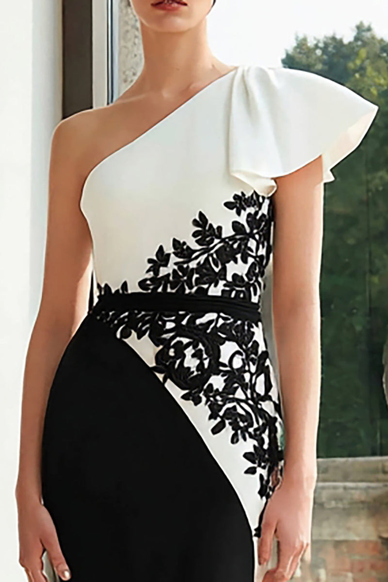 Load image into Gallery viewer, Black and White Patchwork Mermaid Maxi Formal Dress with Appliques