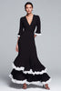 Load image into Gallery viewer, Black and White Ruffled V-Neck Tiered Long Formal Dress with Sleeves