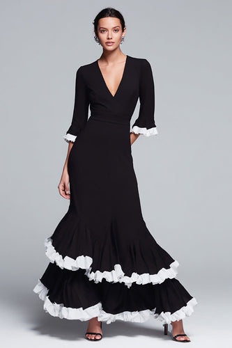 Black and White Ruffled V-Neck Tiered Long Formal Dress with Sleeves