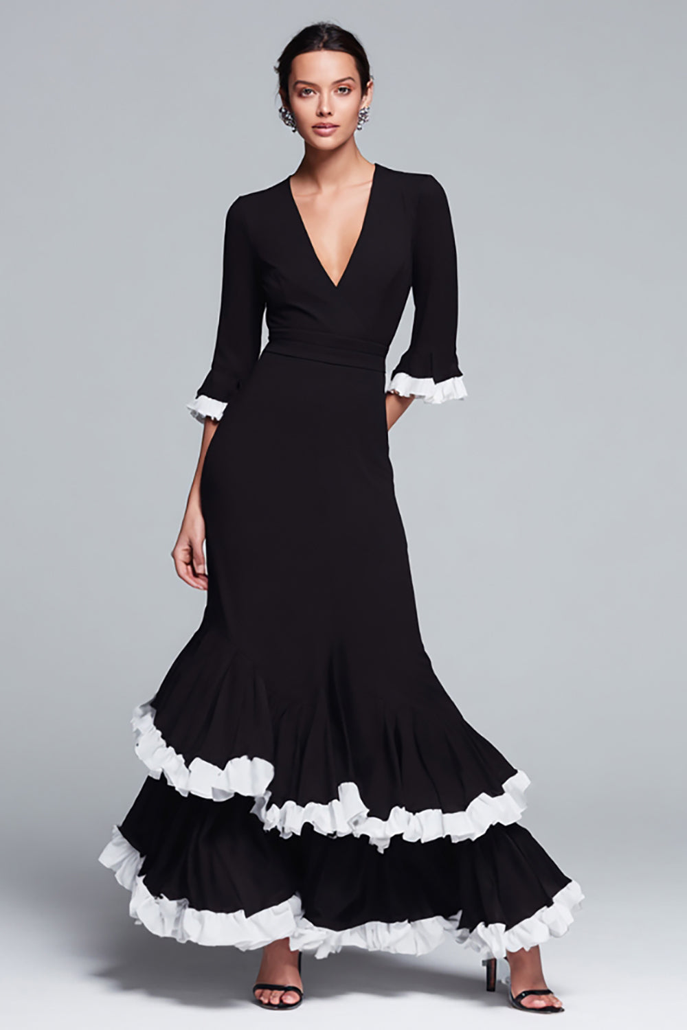 Black and White Ruffled V-Neck Tiered Long Formal Dress with Sleeves