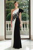 Load image into Gallery viewer, Black and White One Shoulder Patchwork Long Formal Dress with Appliques