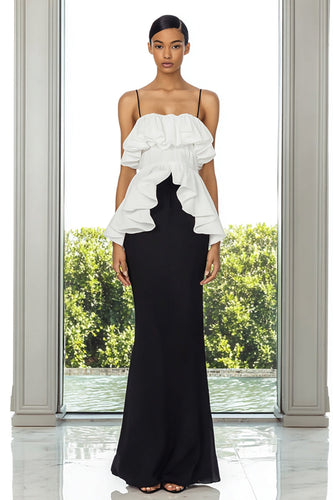 Black and White Mermaid Spaghetti Straps Maxi Formal Dress with Ruffles
