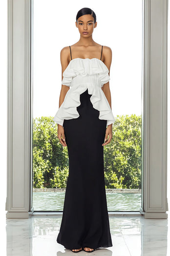 Black and White Mermaid Spaghetti Straps Maxi Formal Dress with Ruffles