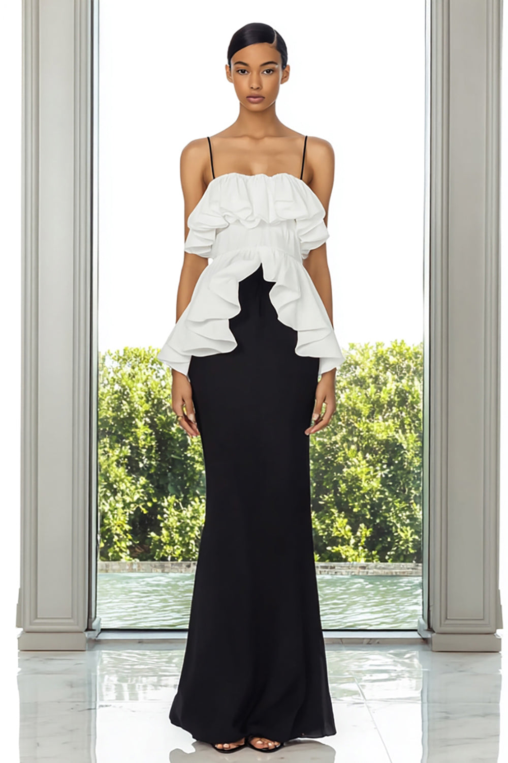 Black and White Mermaid Spaghetti Straps Maxi Formal Dress with Ruffles