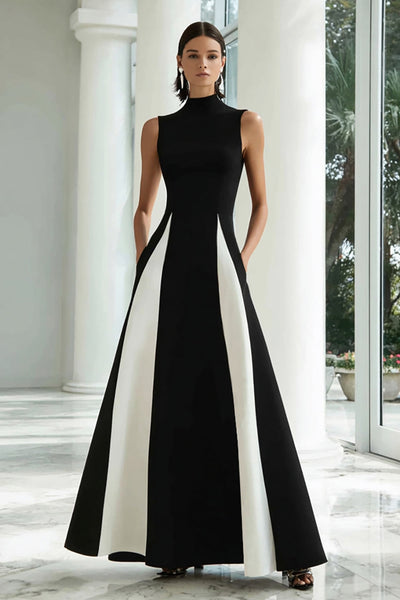 Queendancer Women Black and White Satin Long Formal Dress with Pockets High Neck Patchwork A Line Evening Dress