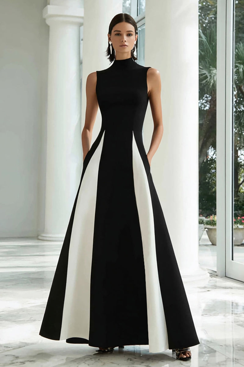 Load image into Gallery viewer, Black and White A Line High Neck Maxi Formal Dress