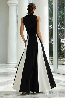 Black and White A Line High Neck Maxi Formal Dress