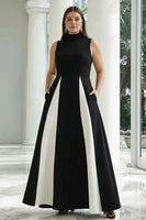 Load image into Gallery viewer, Black and White A Line High Neck Maxi Formal Dress