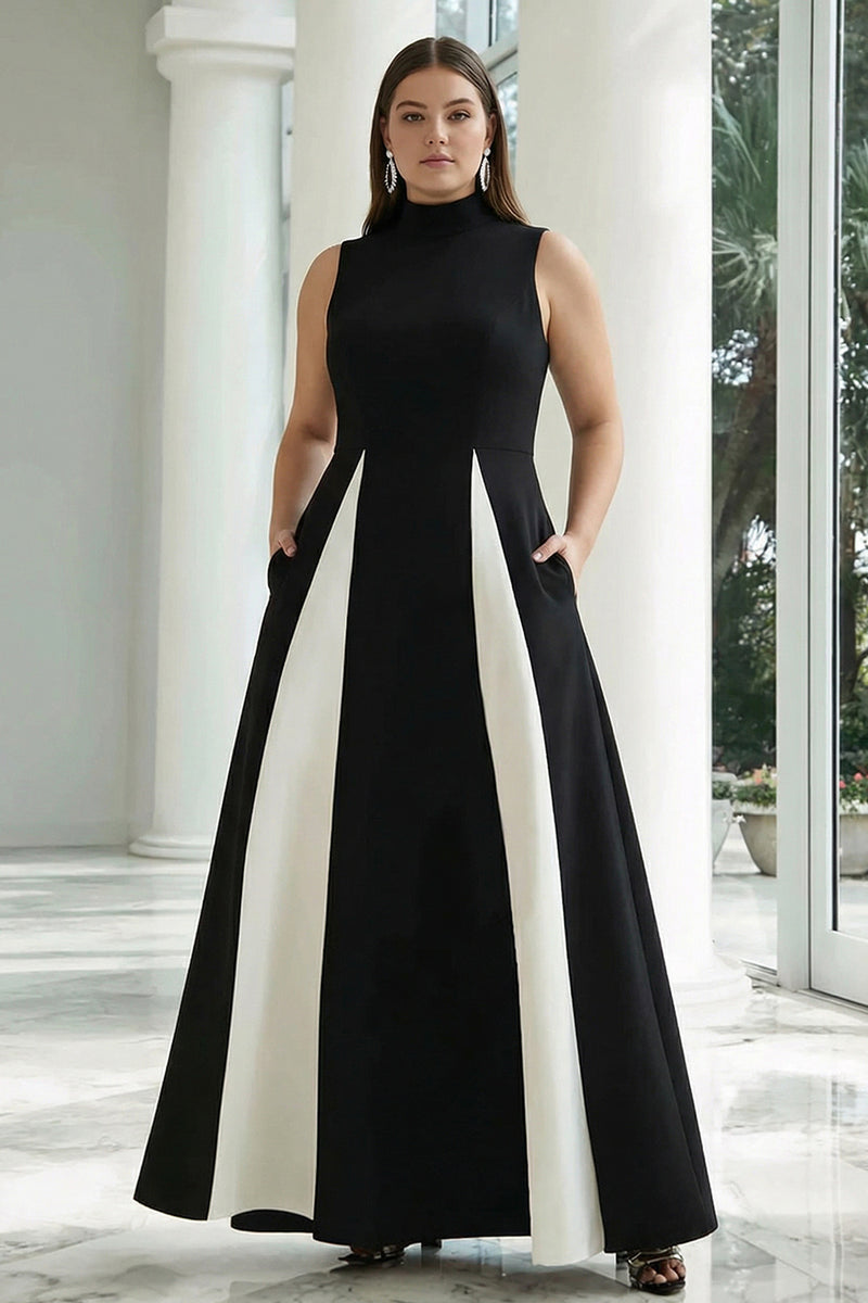Load image into Gallery viewer, Black and White A Line High Neck Maxi Formal Dress