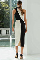 Load image into Gallery viewer, Simple Black and White Patchwork Sheath Midi Formal Dress