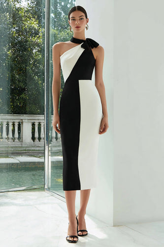 Simple Black and White Patchwork Sheath Midi Formal Dress