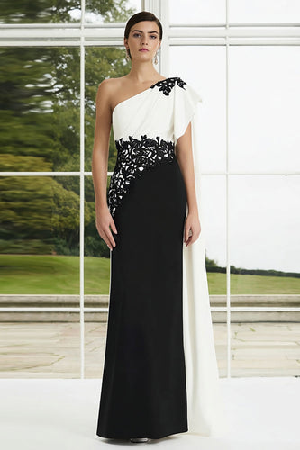 Black and White Appliqued One Shoulder Long Formal Dress with Side Cape