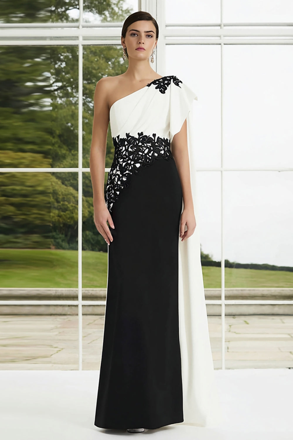 Black and White Appliqued One Shoulder Long Formal Dress with Side Cape