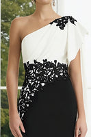 Load image into Gallery viewer, Black and White Appliqued One Shoulder Long Formal Dress with Side Cape