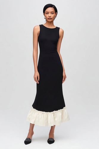 Simple Black and White Round Neck Maxi Formal Dress