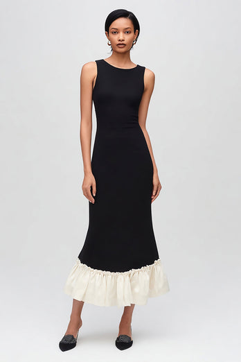 Simple Black and White Round Neck Maxi Formal Dress