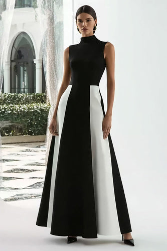 Black and White A Line High Neck Patchwork Long Formal Dress