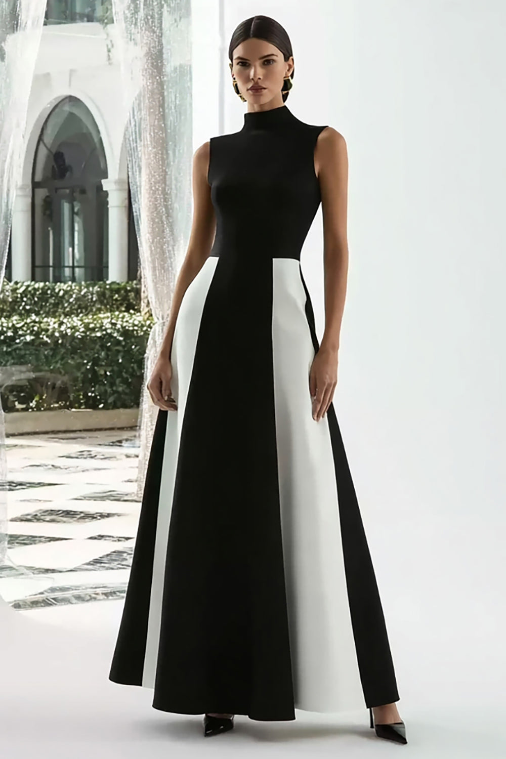 Black and White A Line High Neck Patchwork Long Formal Dress