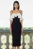 Load image into Gallery viewer, Black and White Cold Shoulder Midi Pencil Formal Dress with Ruffles