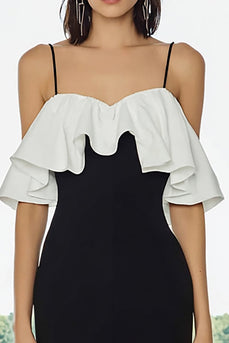 Black and White Cold Shoulder Midi Pencil Formal Dress with Ruffles