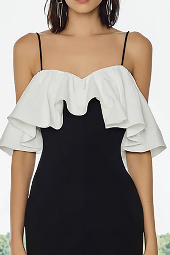Black and White Cold Shoulder Midi Pencil Formal Dress with Ruffles