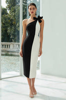 Load image into Gallery viewer, Black and White Patchwork Pencil Midi Formal Dress with Bow