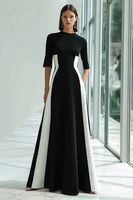 Load image into Gallery viewer, Black and White Patchwork A Line Long Formal Dress with Sleeves