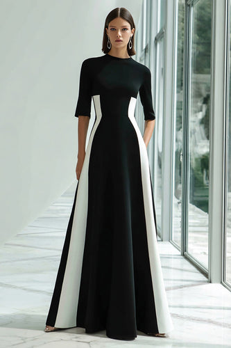 Black and White Patchwork A Line Long Formal Dress with Sleeves