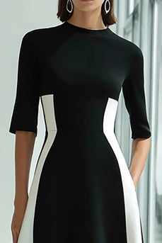 Black and White Patchwork A Line Long Formal Dress with Sleeves