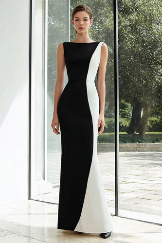 Black and White Patchwork Bateau Neck Maxi Formal Dress