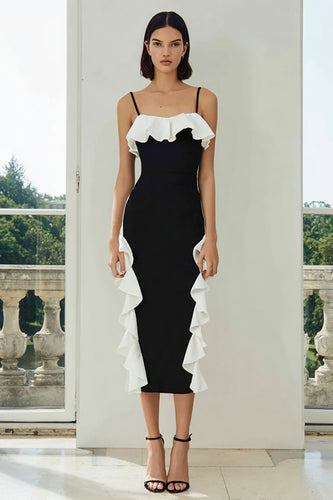 Black and White Spaghetti Straps Pencil Midi Formal Dress with Ruffles