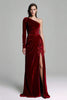 Load image into Gallery viewer, Burgundy Sheath One Shoulder Ruched Long Sleeves Velvet Holiday Party Dress with Slit